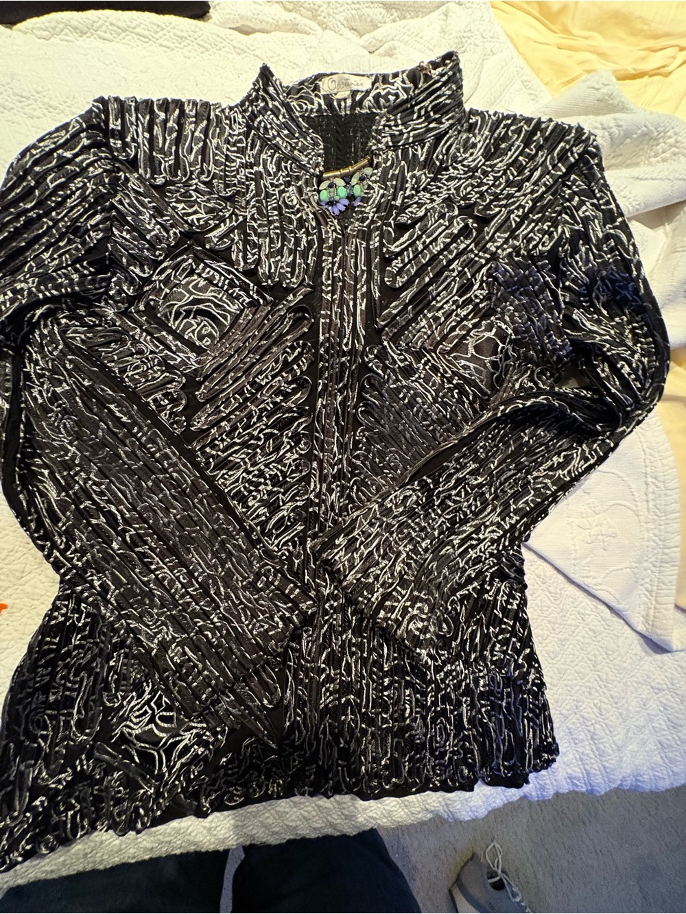 Obstinee Top Black & Silver Textured Zip-Front Long Sleeve Blouse 14